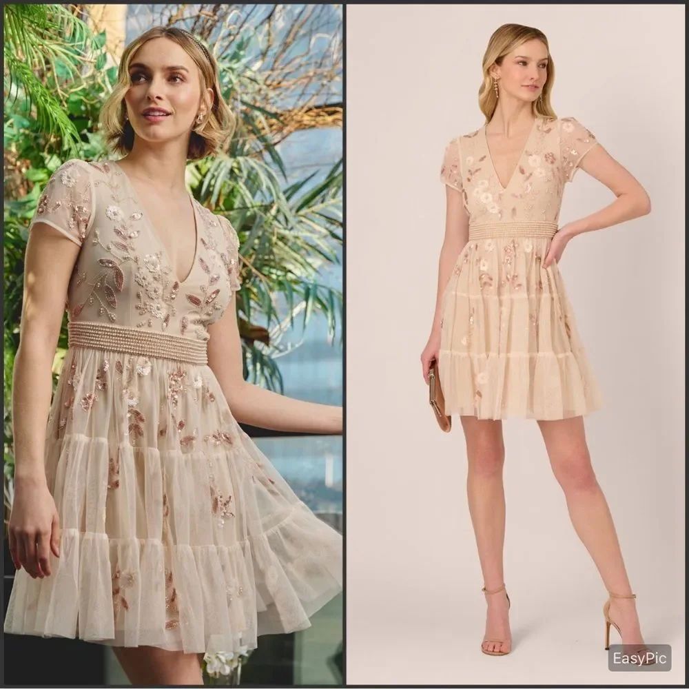 ADRIANNA PAPELL Cap Sleeve Pearly Sequin Cocktail Dress In Pale Pink 12